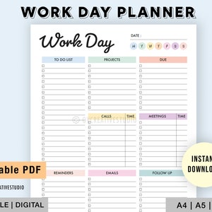 Editable Work Day Planner | Printable Work Day Organiser | Office Task Planner | Office Organizer | Work Log | Work To Do List Daily Planner