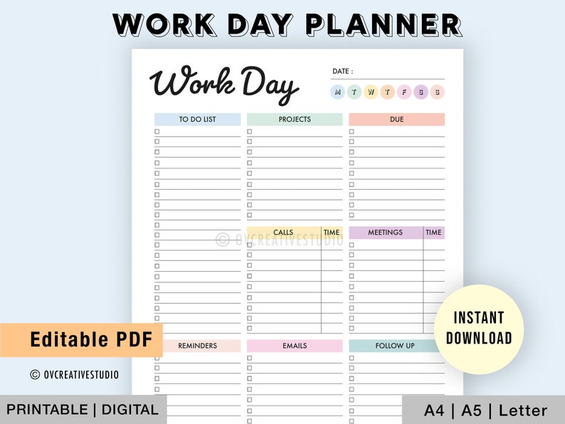 Puede incluir: Un planificador de jornada laboral imprimible con secciones para listas de tareas, proyectos, fechas de vencimiento, llamadas, reuniones, recordatorios, correos electr&oacute;nicos y seguimiento. El planificador est&aacute; dise&ntilde;ado en colores pastel con un esquema de color azul claro, amarillo, rosa y verde.