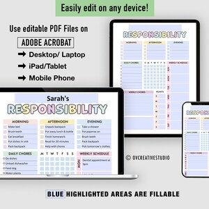 May include: A digital planner template for children with a colourful design and the text "Sarah's Responsibility". The planner includes sections for morning, afternoon, and evening, as well as daily chores and a weekly schedule. The template is designed to be used on a computer, tablet, or phone.