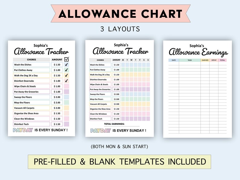 Editable Allowance Tracker Kids Earn Money Chart Daily Etsy