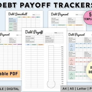May include: Five printable debt payoff tracker templates in PDF format. The templates include a debt snowball tracker, a debt payment tracker with a progress bar, and a debt payment tracker with monthly columns.