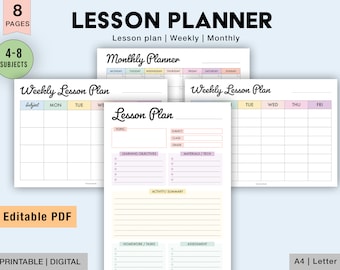 Planificador de lecciones editable / Imprimible, Planificador de lecciones digital / semanal, Planificador mensual, Planificador de estudios, Planificador de tareas, Plantilla de plan de lecciones