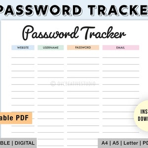 Rastreador de contraseñas editable / Imprimible, Digital / Organizador de contraseñas / Registro de contraseñas / Password Keeper / Inserciones de contraseñas / Lista de contraseñas PDF