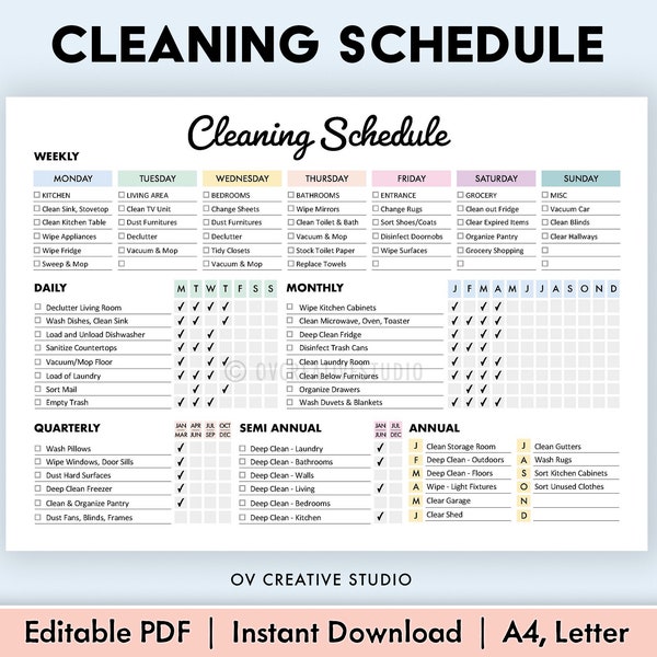 Editable Cleaning Schedule | Printable | Weekly, Monthly, Yearly Cleaning Checklist , ADHD, Cleaning Planner, House Chore List | Digital PDF