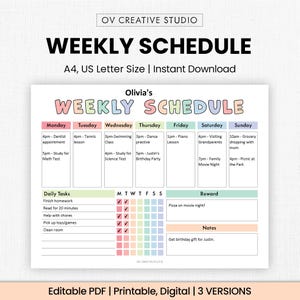 Könnte beinhalten: Ein druckbarer Wochenplan mit dem Text "WEEKLY SCHEDULE". Der Plan enthält Abschnitte für jeden Wochentag, tägliche Aufgaben und einen Belohnungsbereich. Das Dokument ist im A4- und US-Letter-Format.
