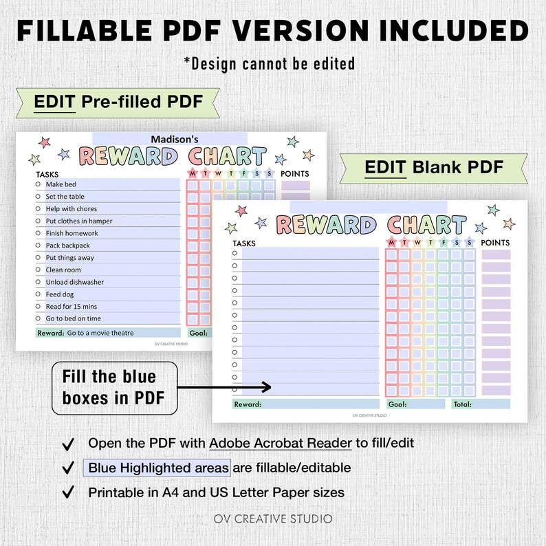 EDITABLE Reward Chart for Kids | Printable, Digital PDF | Weekly Chore ...