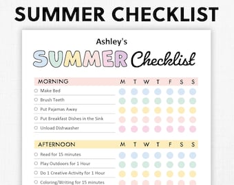 May include: A printable summer checklist for children with a colourful design. The checklist includes tasks for morning and afternoon, such as making the bed, brushing teeth, reading for 15 minutes, and playing outdoors. The checklist is designed for a child named Ashley.