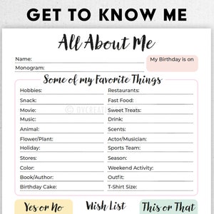 All About Me | Printable, Digital | Get to Know Me, Employee Appreciation, Gift Exchange Team Survey, Employee Questionnaire, Favorites List