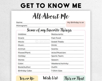 All About Me | Printable, Digital | Get to Know Me, Employee Appreciation, Gift Exchange Team Survey, Employee Questionnaire, Favorites List