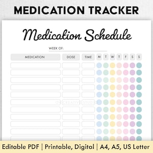 Könnte beinhalten: Druckbarer Medikamenten-Tracker mit einem bunten Punktraster zur Verfolgung der täglichen Dosen. Der Tracker enthält Abschnitte für Medikamentenname, Dosis und Uhrzeit. Die Wochentage sind mit M, T, W, T, F, S, S gekennzeichnet.