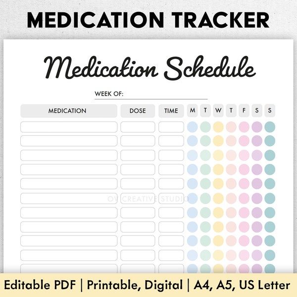 Editable Medication Schedule | Printable Medicine Intake Tracker | Weekly Medication Log | Supplement Tracker | Medicine Taker Tracker |