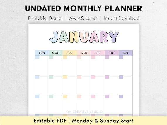 Undated Monthly Calendar, Portrait, Printable Undated Monthly Planner, Colorful Monthly Calendar Template A5, A4, Letter | Digital PDF