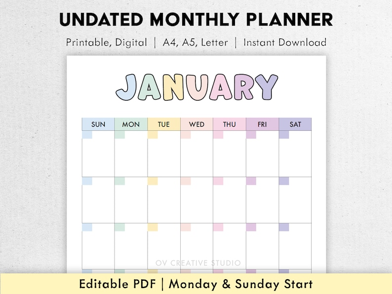 Undated Monthly Calendar, Portrait, Printable Undated Monthly Planner, Colorful Monthly Calendar Template A5, A4, Letter | Digital PDF image 1