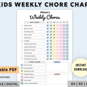 Editable Weekly Chore Chart for Kids | Printable | Kids Daily Responsibility Chart | Kids Chore Chart | Kids Daily Routine Checklist | PDF