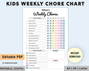 Editable Weekly Chore Chart for Kids | Printable | Kids Daily Responsibility Chart | Kids Chore Chart | Kids Daily Routine Checklist | PDF