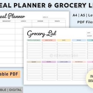 Editable Weekly Meal Planner, Grocery List | Printable, Digital | Meal Prep | Grocery List Template | Health Planner, Fitness | Digital PDF