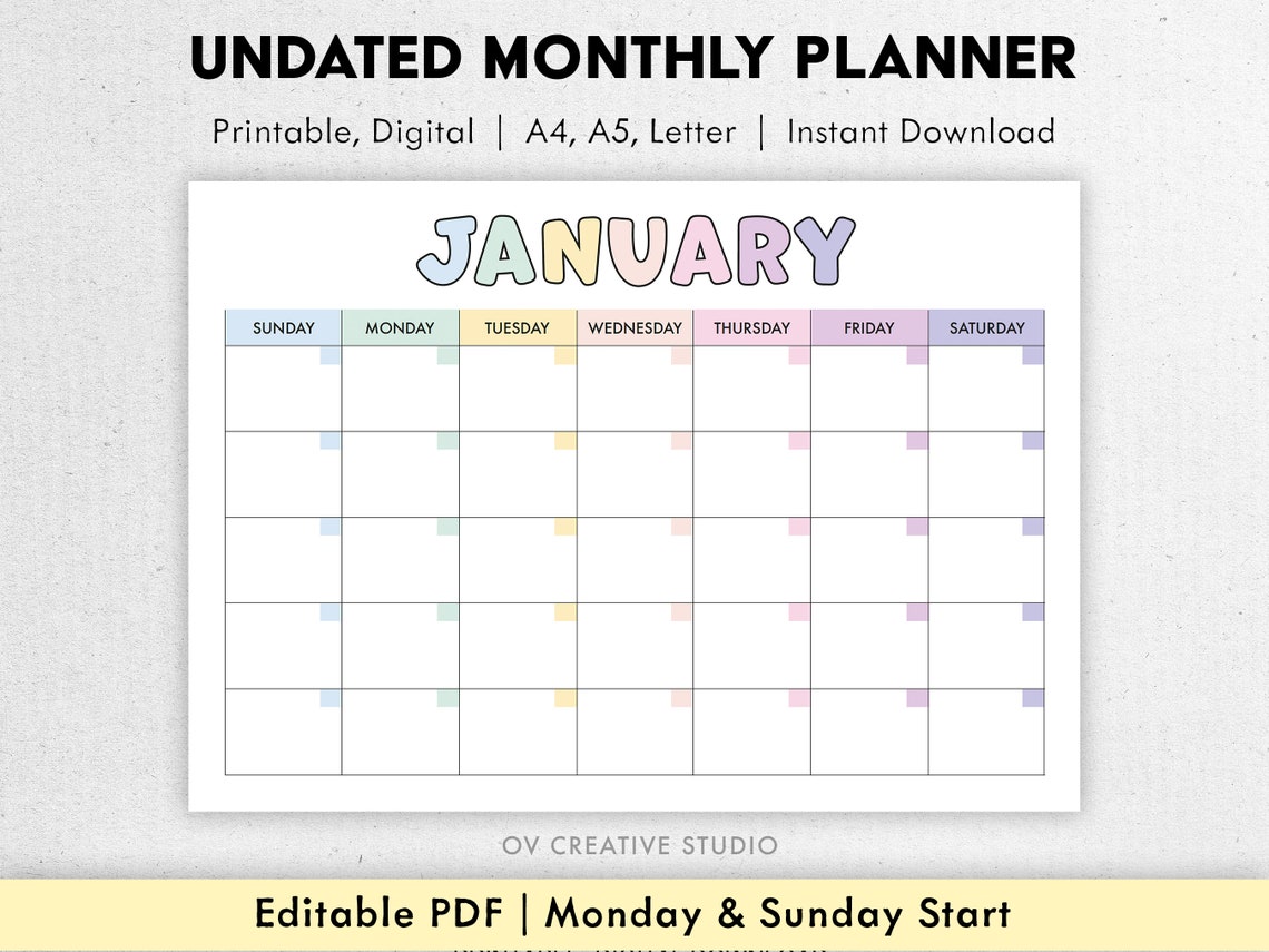 Undated Monthly Calendar, Landscape, Printable Undated Monthly Planner