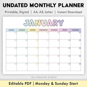 Calendario mensual sin fecha, horizontal, planificador mensual imprimible sin fecha, plantilla de calendario mensual colorido A5, A4, carta/PDF digital