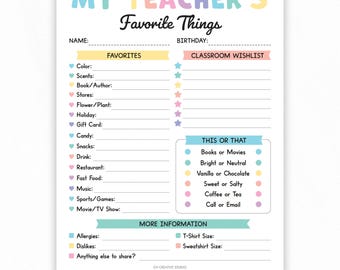 Teacher Favorite Things List Printable | Teacher Questionnaire Template | All About My Teacher | School Teacher Gift Planner Survey