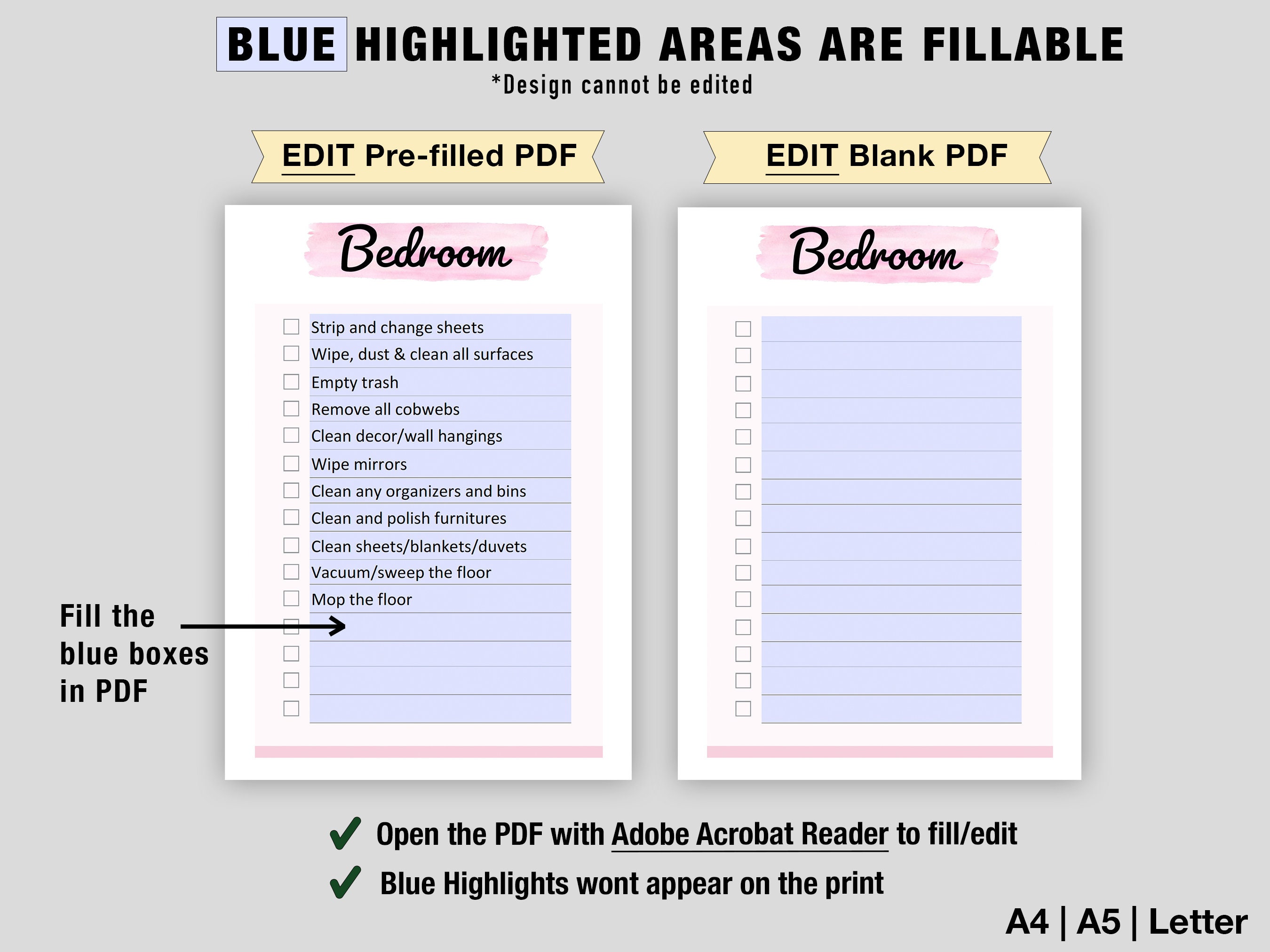 Editable Cleaning Card | Room Cleaning Checklist | Cleaning Planner ...