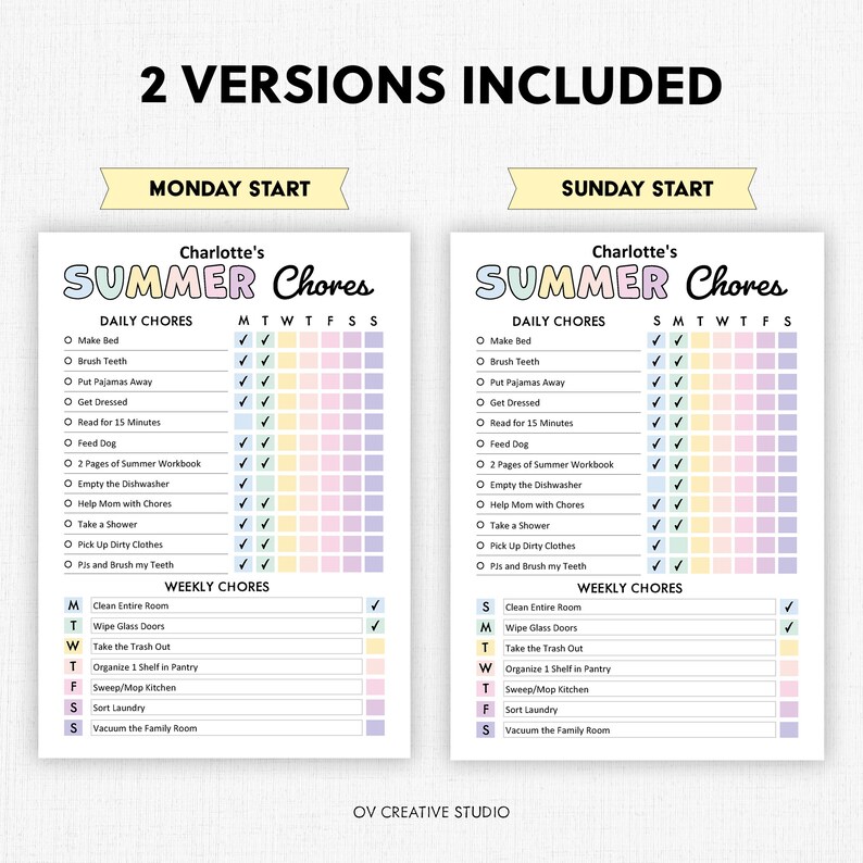 May include: A printable chore chart for kids with a summer theme. The chart is divided into daily and weekly chores. The daily chores include making the bed, brushing teeth, putting pajamas away, getting dressed, reading for 15 minutes, feeding the dog, and completing two pages of a summer workbook. The weekly chores include cleaning the entire room, wiping glass doors, taking out the trash, organizing one shelf in the pantry, sweeping or mopping the kitchen, sorting laundry, and vacuuming the family room.