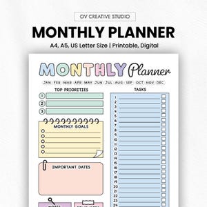 May include: A printable monthly planner with a pastel color scheme. The design includes sections for top priorities, tasks, monthly goals, and important dates. The planner is available in A4, A5, and US Letter sizes.
