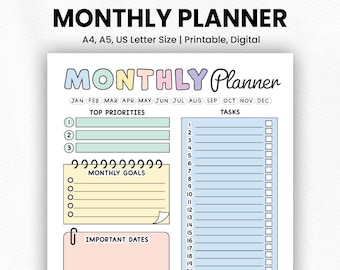 Planificador mensual imprimible, digital, plantilla mensual, objetivos, lista de tareas, fechas importantes, recordatorios, notas, trabajo, escuela, hogar.