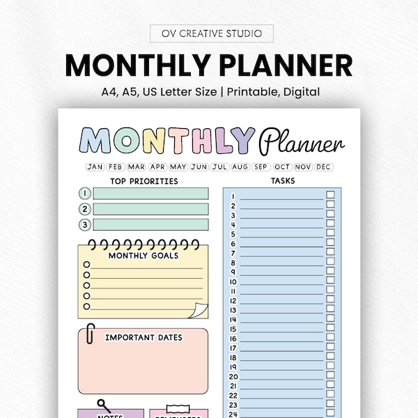 Planejador Mensal | Imprimível, Digital | Modelo Mensal, Metas, Lista de Tarefas, Datas Importantes, Lembretes, Anotações | Trabalho, Escola, Casa