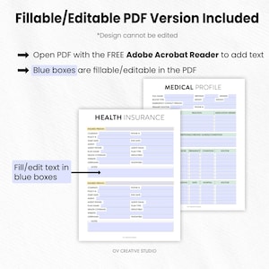 May include: A digital PDF template with fillable fields for health insurance and medical profiles. The design includes sections for personal information, insurance details, and medical history. The text "Fillable/Editable PDF Version Included" is at the top.