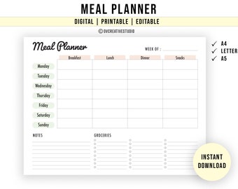 May include: A printable meal planner with a weekly layout. The planner includes sections for breakfast, lunch, dinner, and snacks. There is also a section for grocery lists and notes. The planner is available in A4, Letter, and A5 sizes.