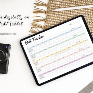 May include: A digital bill tracker on an iPad with a white background. The tracker is organized by month and year, with columns for bill name, amount, paid on, and due date. The tracker is designed to help users keep track of their bills and payments.