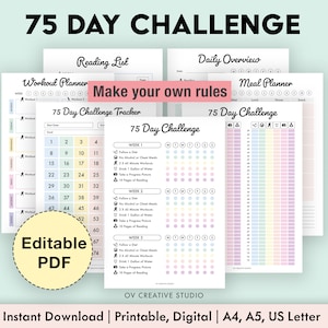 Bearbeitbares 75-Tage-Challenge-Tracker-Bundle | Druckbar | 75 Tage Challenge Tagebuch | Tracker Regenbogen | Habit Tracker | Digitaler Tracker |