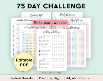 Könnte beinhalten: Ein druckbarer 75-Tage-Challenge-Tracker mit Abschnitten für einen Trainingsplaner, eine Leseliste, eine tägliche Übersicht und einen Essensplaner. Der Tracker ist in Pastellfarben gestaltet und enthält einen Abschnitt zum Erstellen eigener Regeln. Der Text "Editable PDF" wird in einem gelben Kreis angezeigt.