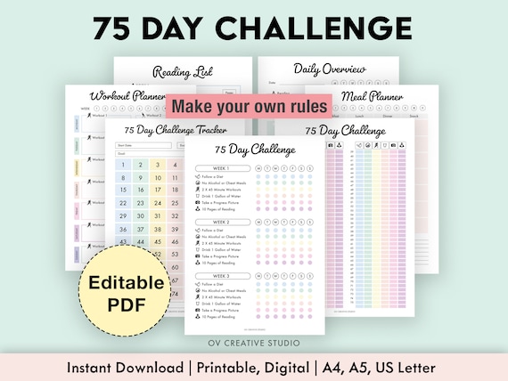 Editable 75 Day Challenge Tracker Bundle | Printable | Daily 75 Day Challenge Journal | Tracker Rainbow | Habit Tracker | Digital Tracker |