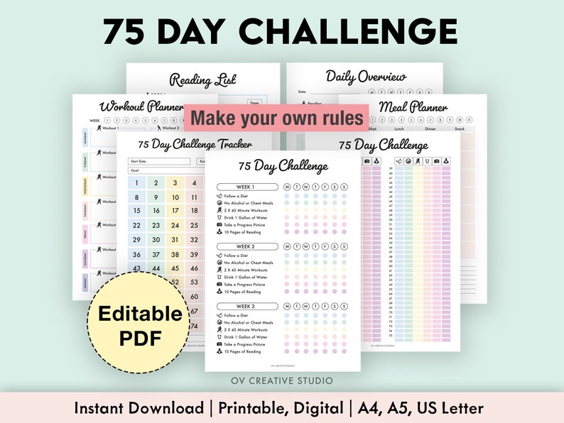 K&ouml;nnte beinhalten: Ein druckbarer 75-Tage-Challenge-Tracker mit Abschnitten f&uuml;r einen Trainingsplaner, eine Leseliste, eine t&auml;gliche &Uuml;bersicht und einen Essensplaner. Der Tracker ist in Pastellfarben gestaltet und enth&auml;lt einen Abschnitt zum Erstellen eigener Regeln. Der Text "Editable PDF" wird in einem gelben Kreis angezeigt.