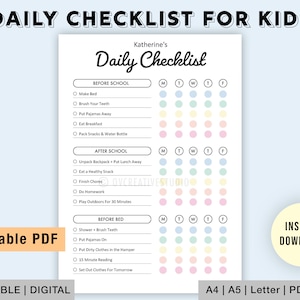 Editable Daily Checklist for Kids | Printable | Kids Responsibility Chart, To Do list | Before and After School | Daily Routine, Chore Chart