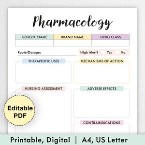 May include: A printable pharmacology study guide with sections for generic name, brand name, drug class, route/dosage, therapeutic uses, mechanisms of action, nursing assessment, adverse effects, contraindications, and a high alert section with yes or no options. The guide is labeled "Editable PDF" and "Printable, Digital | A4, US Letter".