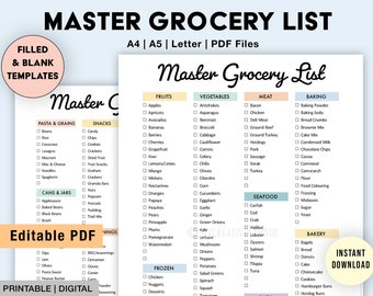 May include: A printable grocery list template in PDF format. The list is divided into categories such as fruits, vegetables, meat, baking, seafood, and bakery. The template is available in A4, A5, and letter sizes. The text "Master Grocery List" is at the top of the page.