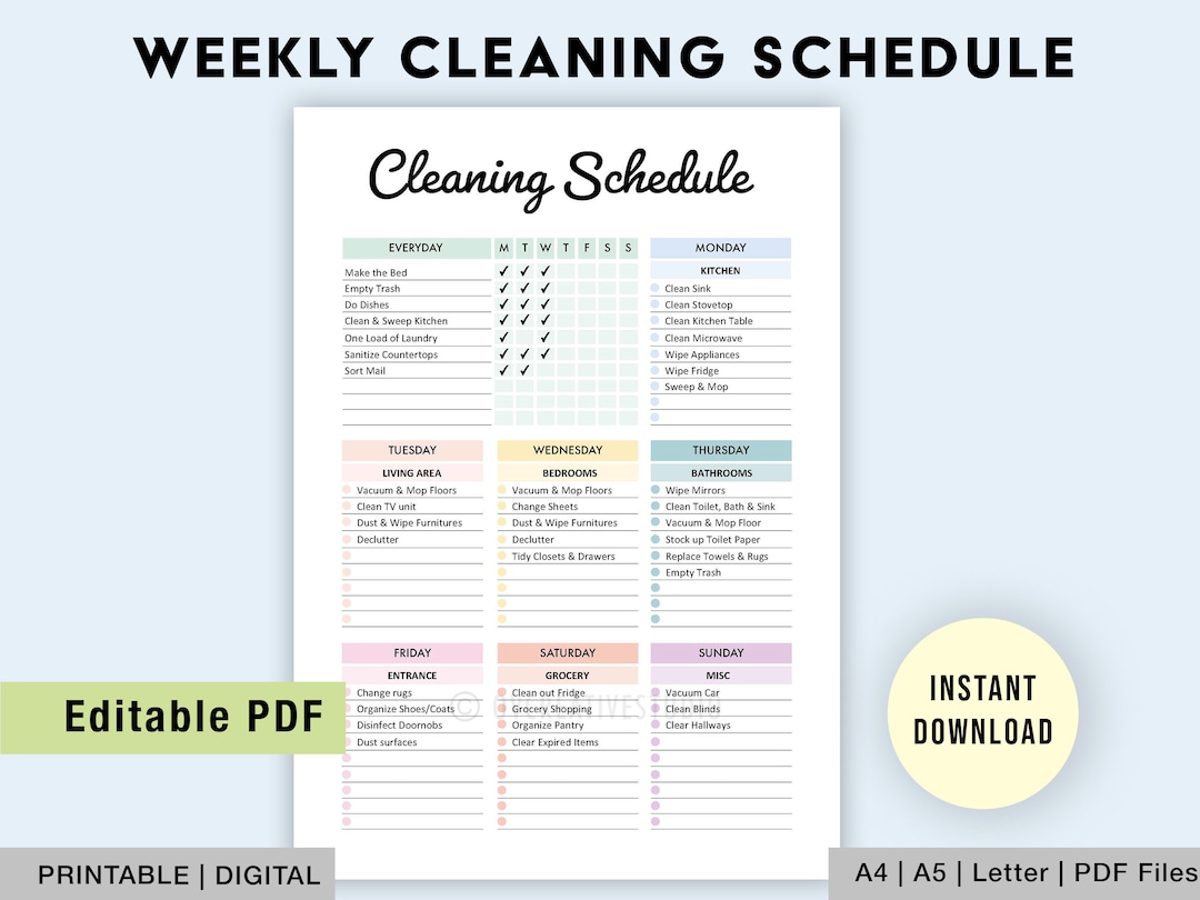 Editable Cleaning Schedule | Printable | Cleaning Checklist | Weekly ...