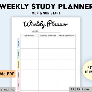 May include: A printable weekly study planner with a light blue background. The planner has a white grid with columns for "Top Priorities", "Schedules & Activities", and "Tasks & Assignments". The days of the week are listed on the left side of the grid, with each day having a different pastel color. The text "Weekly Planner" is at the top of the grid in a black cursive font. The text "Editable PDF" is at the bottom left of the grid. The text "A4 | A5 | Letter | PDF Files" is at the bottom right of the grid.