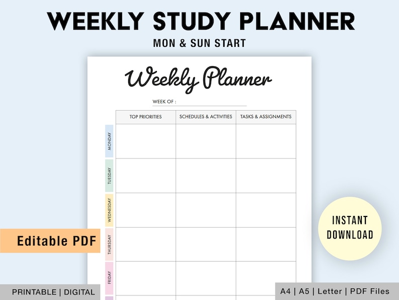 Editable Study Planner Weekly Study Plan Assignment - Etsy