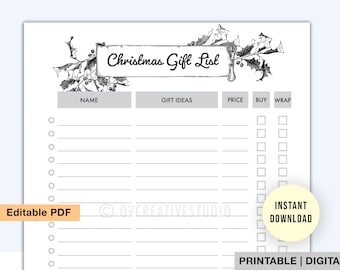 Christmas Gift List Printable | Fillable | Editable PDF | Christmas Planner Printable | Christmas To Do List Template | Holiday Gift List