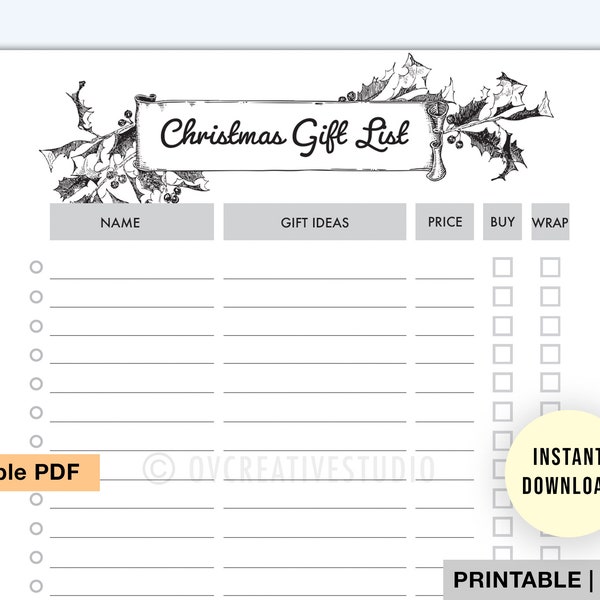 Christmas Gift List Printable | Fillable | Editable PDF | Christmas Planner Printable | Christmas To Do List Template | Holiday Gift List