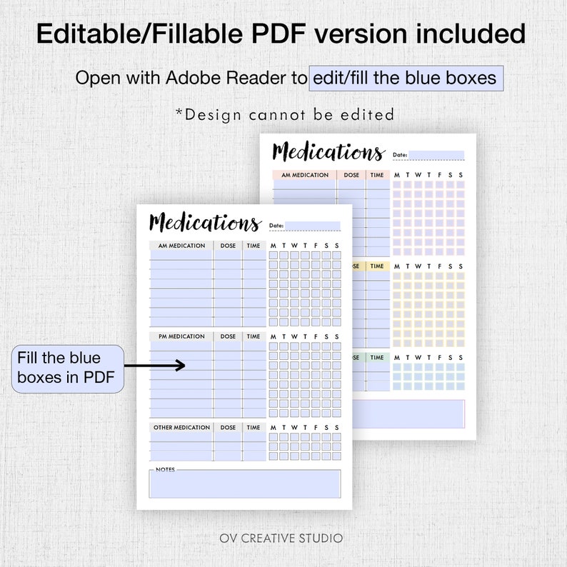 May include: A printable medication log with a light blue background. The log has sections for AM medication, PM medication, other medication, and notes. The log also has a section for tracking medication taken each day of the week. The text "Medications" is at the top of the log.