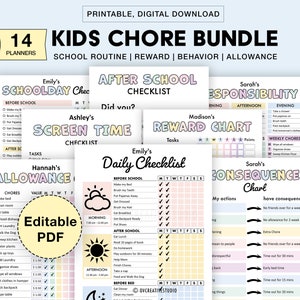 Editable Kids Chore Charts, Reward, Allowance, Screen time, School Routine, Behavior Chart, Consequences, Daily Checklist, Weekly Chores PDF