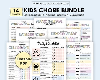 Editable Kids Chore Charts, Reward, Allowance, Screen time, School Routine, Behavior Chart, Consequences, Daily Checklist, Weekly Chores PDF