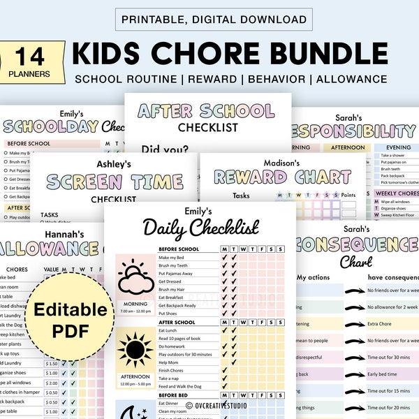 Editable Kids Chore Charts, Reward, Allowance, Screen time, School Routine, Behavior Chart, Consequences, Daily Checklist, Weekly Chores PDF