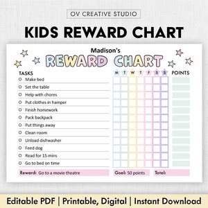 May include: A printable reward chart for kids with a rainbow color scheme. The chart has a section for tasks, a daily grid, and a points section. The chart is titled "Madison's Reward Chart" and includes a list of tasks such as "Make bed", "Set the table", "Help with chores", "Put clothes in hamper", "Finish homework", "Pack backpack", "Put things away", "Clean room", "Unload dishwasher", "Feed dog", "Read for 15 mins", and "Go to bed on time". The reward is "Go to a movie theatre" and the goal is 50 points.
