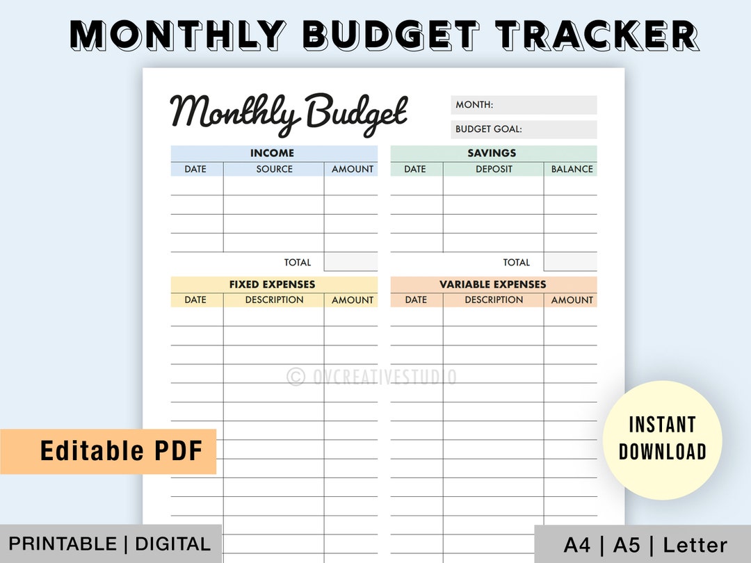 Editable Monthly Budget Tracker | Printable Budget Planner | Monthly ...