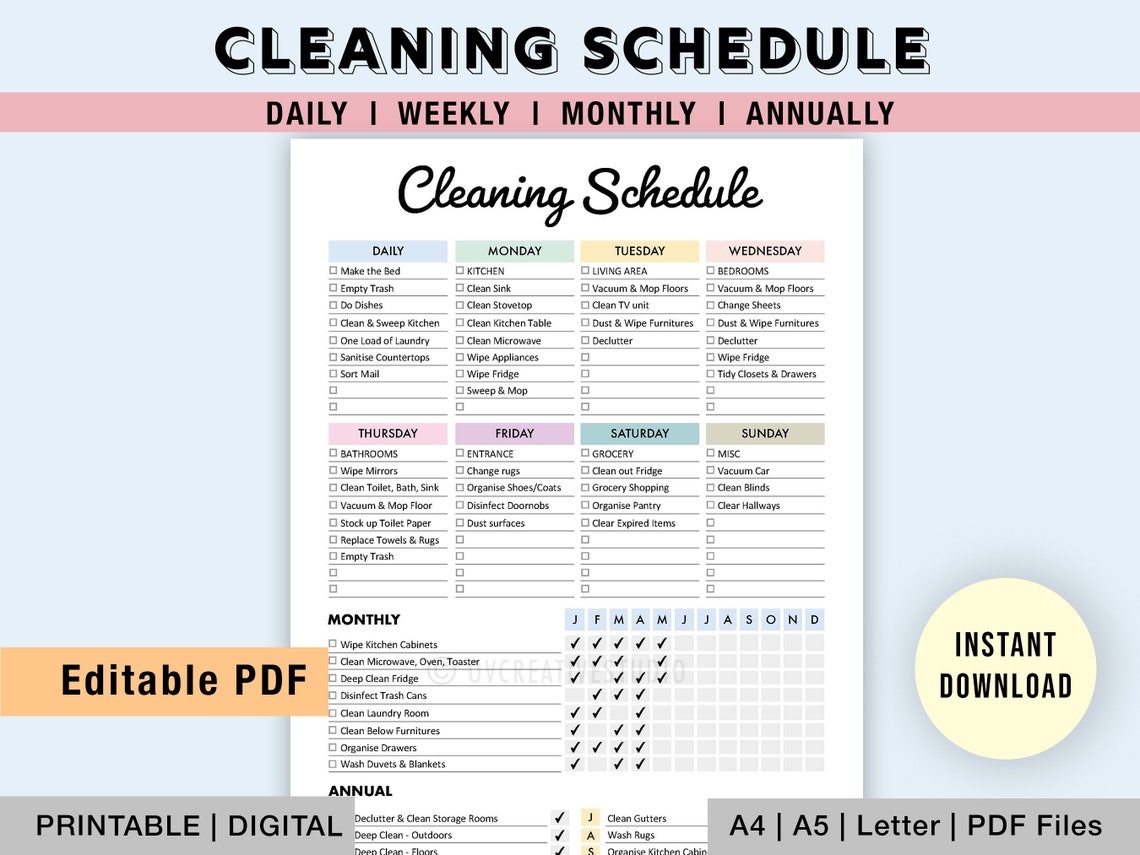 Editable Cleaning Schedule | Printable Cleaning Planner | Cleaning ...